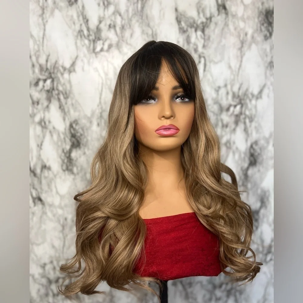 26 “ Brown to blonde Balayage Wavy Wig with bangs for daily use, Natural…
